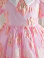 SHEIN Kids FANZEY Young Girl Colorblock Peter Pan Collar Bubble Short Sleeve Jacquard Princess Dress