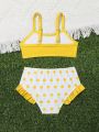 Baby Girl Polka Dot Printed Swimsuit Set With 3d Embroidered Top And Printed Bottoms