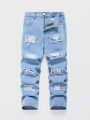 SHEIN Boys' Casual Mid-waist Loose Irregular Cut Straight Leg Ripped Jeans