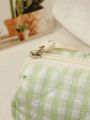 1pc Green Grid Pattern Large Capacity Portable Zippered Cosmetic Bag Suitable For Women's Outdoor Travel