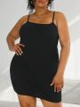 SHEIN CURVE+ Plus Size Women's  Black  Ribbed Cami Bodycon Spaghetti Strap Dress  Mini Dress