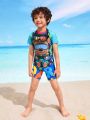 Little Boys' Bear Printed Short Sleeve One-Piece Swimsuit