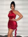 SHEIN SXY Sexy Clubwear Spring 3d Flower Velvet Party Dress Two Pieces Outfits For Women, Valentine's Day