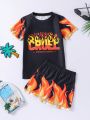 Boys' Flame & Letter Print Short Sleeve Top And Shorts Swimsuit Set