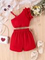 SHEIN Kids SUNSHNE Young Girl'S Cute & Sweet & Fashionable & Casual Ruffle Trimmed Asymmetric Neckline Top And Shorts Set