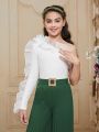 SHEIN Kids Nujoom Tween Girl's Vintage Court Style Mesh Ruffle One Shoulder Long Sleeve T-Shirt