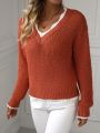 SHEIN LUNE Women's Color Block Drop Shoulder Sweater With Scallop Hem