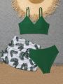 Teenage Girls' Halter Neck Wrap Bikini Swimsuit Set And Tropical Print Beach Skirt