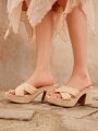 Styleloop Women'S Apricot Vintage Weave Peep Toe Chunky Heel Waterproof Platform Retro Style High Heel Thick Sole Fashion Sandals