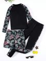 SHEIN Tween Boys' Casual Floral Patchwork Long Sleeve Pullover With Printed Sleeves And Floral Printed Shorts Plus Patchwork Side Striped Printed Swim Trunks, 3pcs Set