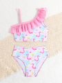 Young Girls' Flamingo Print Asymmetrical Neck Ruffle Hem Two-Piece Swimsuit