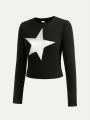 SHEIN Teenage Girls' Knitted Solid Color Star Pattern Round Neck Casual T-shirt