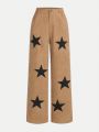 SHEIN Teen Girls' Corduroy Pants With Star Pattern And Slanted Pockets