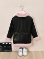 Young Girl Contrast Color Teddy Panel Pu Leather Belted Jacket