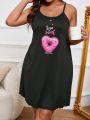 Plus Size Women's Knitted Sweetheart Neckline Sleep Dress With Fun Heart & Donut Print