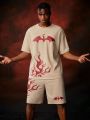 HOUSE OF THE DRAGON X SHEIN 1set Letter & Flame Printed Round Neck T-Shirt And Shorts