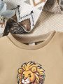 2023 New Spring & Autumn Outfit For Baby Boy: Casual Athletic Lion Printed Long Sleeve Sweatshirt And Joggers Set