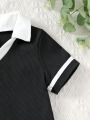 SHEIN Kids FANZEY Little Girls' College Style Short Sleeve Polo Collar Color Block Slim Fit Tee Shirt For Summer