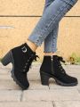 Women's Fashionable Round Toe Single Boots With Belt Buckle, Thick Heel, Short Boots, Lace-up Ankle Boots, And Knight Boots