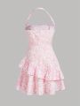 SHEIN Teen Girls' Woven Floral Print Ruffle Trim Casual Spaghetti Strap Dress
