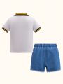 2pcs/Set Spring/Summer Baby Boys' White Embroidered Striped Polo Shirt And Washed Denim Shorts Fashion Outfit