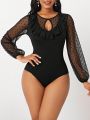 SHEIN Lady Valentine's Day Patchwork & Mesh & Lace Decorated Bodysuit With Cutout