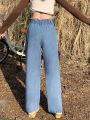 Teen Girl's Vintage Light Blue Elastic Waist Wide Leg Jeans With Comfortable & Soft Drape And Casual Vacation Style