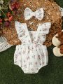 SHEIN Infant Baby Girls' Sweet Floral Print Ruffled Strap Romper, Cute & Casual & Fashionable, Perfect For Holiday, Spring And Summer