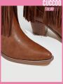 Cuccoo Everyday Collection Women's Pointed Toe Chunky Heel Western Boots In Brown With Fringe And Stud Detail