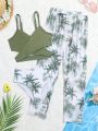 Little Girls' Cross Wrap Coconut Tree Print Bikini Swimsuit Set With Bottom