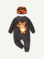 SHEIN Baby Boy Cartoon Pattern Knit Jumpsuit & Hat