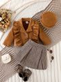 Baby Girls' Ruffle Trim Coat And Plaid Pleated Skirt Set With Hat, Without T-shirt, For Spring And Autumn