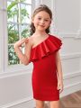 SHEIN Kids CHARMNG Toddler Girls One Shoulder Ruffle Trim Dress