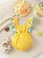 Baby Girls' Duck Printed Ruffle Strap Romper With Hat, Comfortable, Fashionable, Interesting And Leisure For Spring/Summer