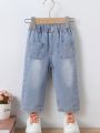 Baby Girl Light Wash Elastic Waist Casual Straight Leg Jeans, Water Washed Effect