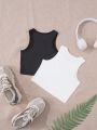 Young Girl 2pcs Solid Color Round Neck Sports Tank Tops