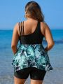 SHEIN Swim Classy Plus Size Asymmetrical Neckline Tropical Print Top And Boxer Bikini Set