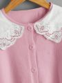 SHEIN Kids CHARMNG Young Girl's Color Blocking Embroidered Panel Long-Sleeved Cardigan