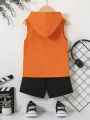 SHEIN Kids EVRYDAY Young Boy Casual Sporty Slogan Print Hooded Vest And Shorts Set