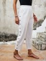 EMERY ROSE Women's Solid Color Casual Pants With Side Button Decoration