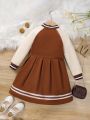 Young Girl Embroidery Letter Pattern Striped Trim Raglan Sleeve Dress