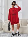 SHEIN Kids Cooltwn Girls' Rose & Letter Print Hooded Sweatshirt Dress With Drop Shoulder Sleeve