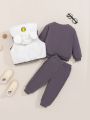 SHEIN Baby Boys' Face Print Sweater & Pants & Fleece Lined Hooded Vest 3pcs/set