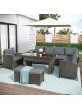 Merax Patio Furniture Set, 6 Piece Outdoor Conversation Set, Dining Table Chair with Bench and Cushions