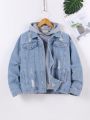 Teen Boy's Retro College Style Pocketed Washed Light Blue Ripped Denim Jacket