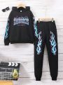 SHEIN Boys' Casual Flame & Letter Printed Hoodie And Sweatpants Set, Autumn And Winter