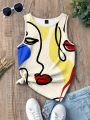SHEIN LUNE Women's Abstract Face Printed Round Neck Tank Top For Casual Wear