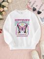 Girls'(big)butterfly Slogan Printed Fleece Sweatshirt