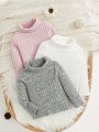 SHEIN 3pcs Newborn Baby Girls' Knitted High-neck Long Sleeve T-shirt Set