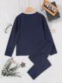 SHEIN Kids Nujoom Boys' Simple Style Blue Long Sleeve And Pants Set With Woven Label, Homewear